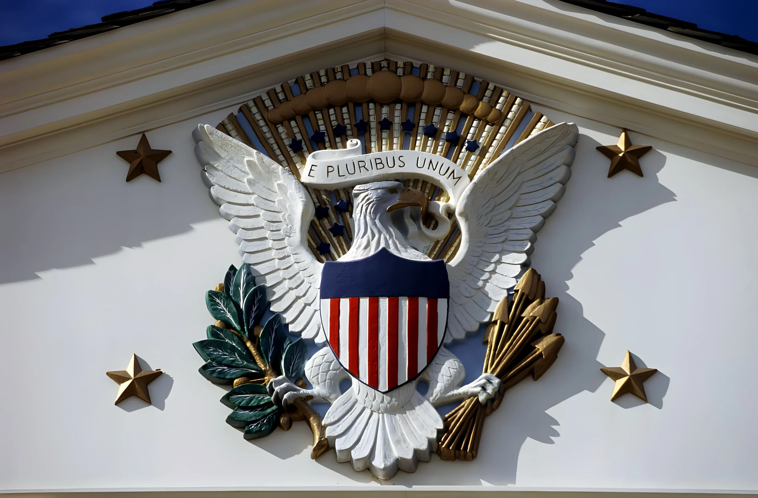 A close up of the eagle on the wall